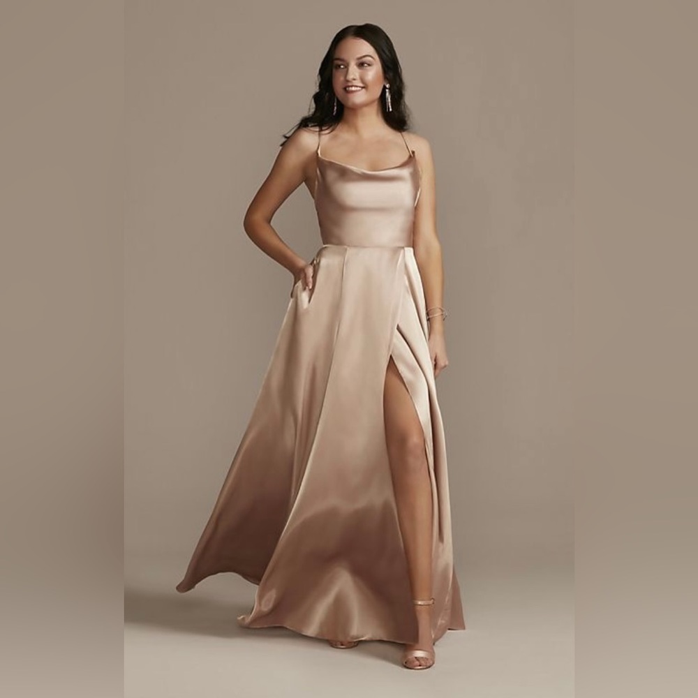charmeuse cowl bridesmaid dress with lace-up back (Color -Sand)